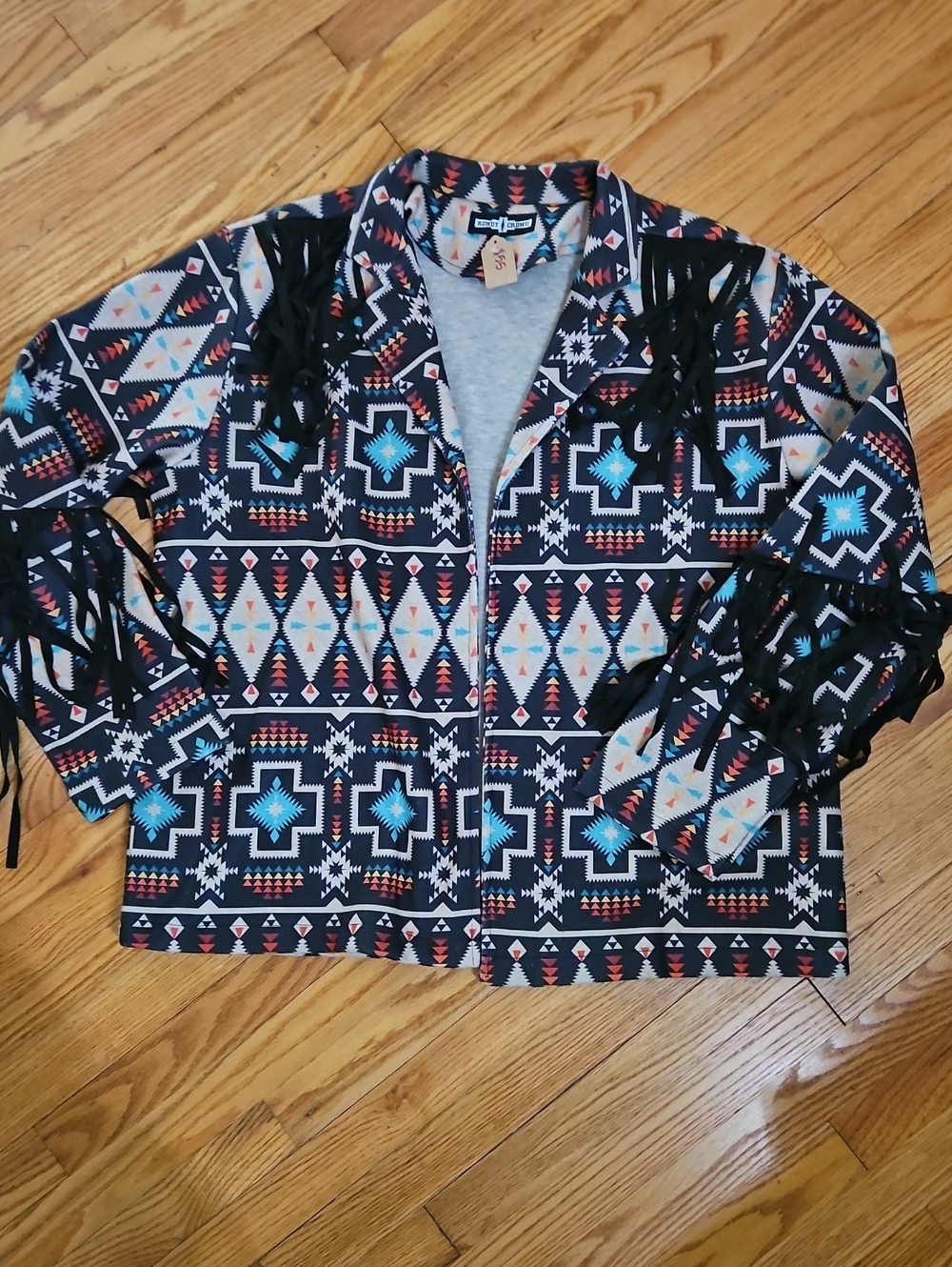Rowdy Crowd Fringe Aztec Print Cropped Jacket - Black/Turquoise
